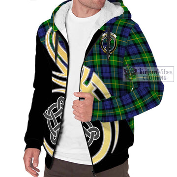 Meldrum Tartan Sherpa Hoodie with Family Crest and Celtic Symbol Style - Tartan Vibes Clothing