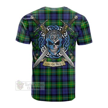 Tartan Vibes Clothing Meldrum Tartan Cotton T-shirt with Family Crest Celtic Skull Style