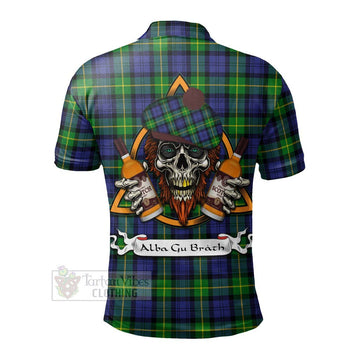 Meldrum Tartan Polo Shirt with Family Crest and Bearded Skull Holding Bottles of Whiskey - Tartan Vibes Clothing