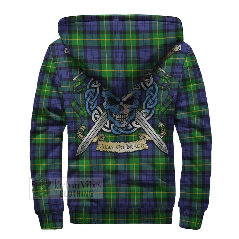 Meldrum Tartan Sherpa Hoodie with Family Crest Celtic Skull Style - Tartan Vibes Clothing
