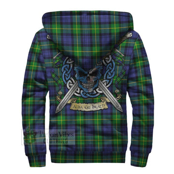 Meldrum Tartan Sherpa Hoodie with Family Crest Celtic Skull Style - Tartan Vibes Clothing