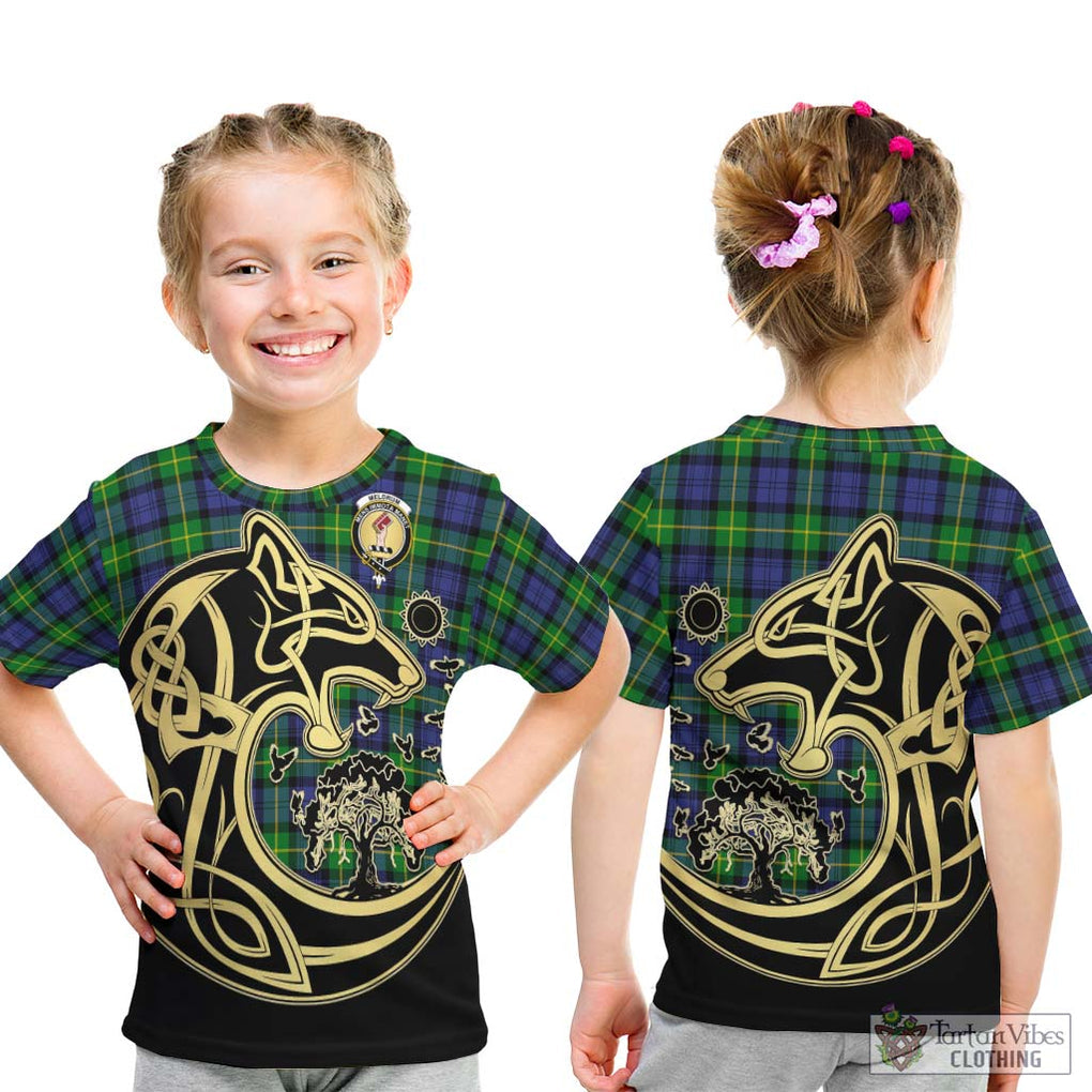 Meldrum Tartan Kid T-Shirt with Family Crest Celtic Wolf Style - Tartan Vibes Clothing