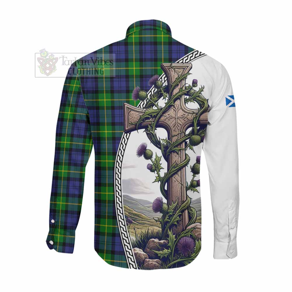 Meldrum Tartan Long Sleeve Button Shirt with Family Crest and St. Andrew's Cross Accented by Thistle Vines Men's Shirt - Tartan Vibes Clothing