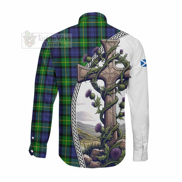 Meldrum Tartan Long Sleeve Button Shirt with Family Crest and St. Andrew's Cross Accented by Thistle Vines Men's Shirt - Tartan Vibes Clothing