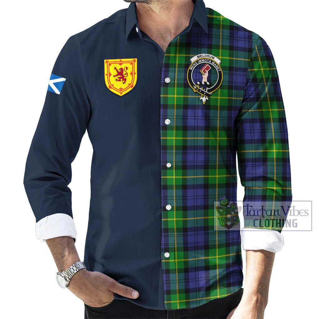Meldrum Tartan Long Sleeve Button Shirt Alba with Scottish Lion Royal Arm Half Style Men's Shirt - Tartan Vibes Clothing