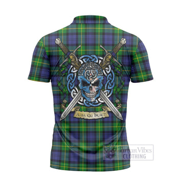 Meldrum Tartan Zipper Polo Shirt with Family Crest Celtic Skull Style - Tartan Vibes Clothing