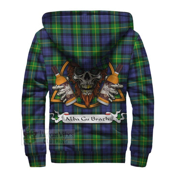 Meldrum Tartan Sherpa Hoodie with Family Crest and Bearded Skull Holding Bottles of Whiskey - Tartan Vibes Clothing