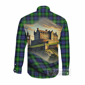 Tartan Vibes Clothing Meldrum Tartan Family Crest Long Sleeve Button Shirt with Scottish Ancient Castle Style