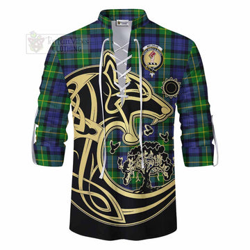 Meldrum Tartan Ghillie Kilt Shirt with Family Crest Celtic Wolf Style - Tartan Vibes Clothing