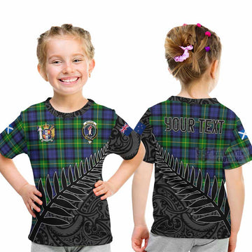 Tartan Vibes Clothing Meldrum Crest Tartan Kid T-Shirt with New Zealand Silver Fern Half Style