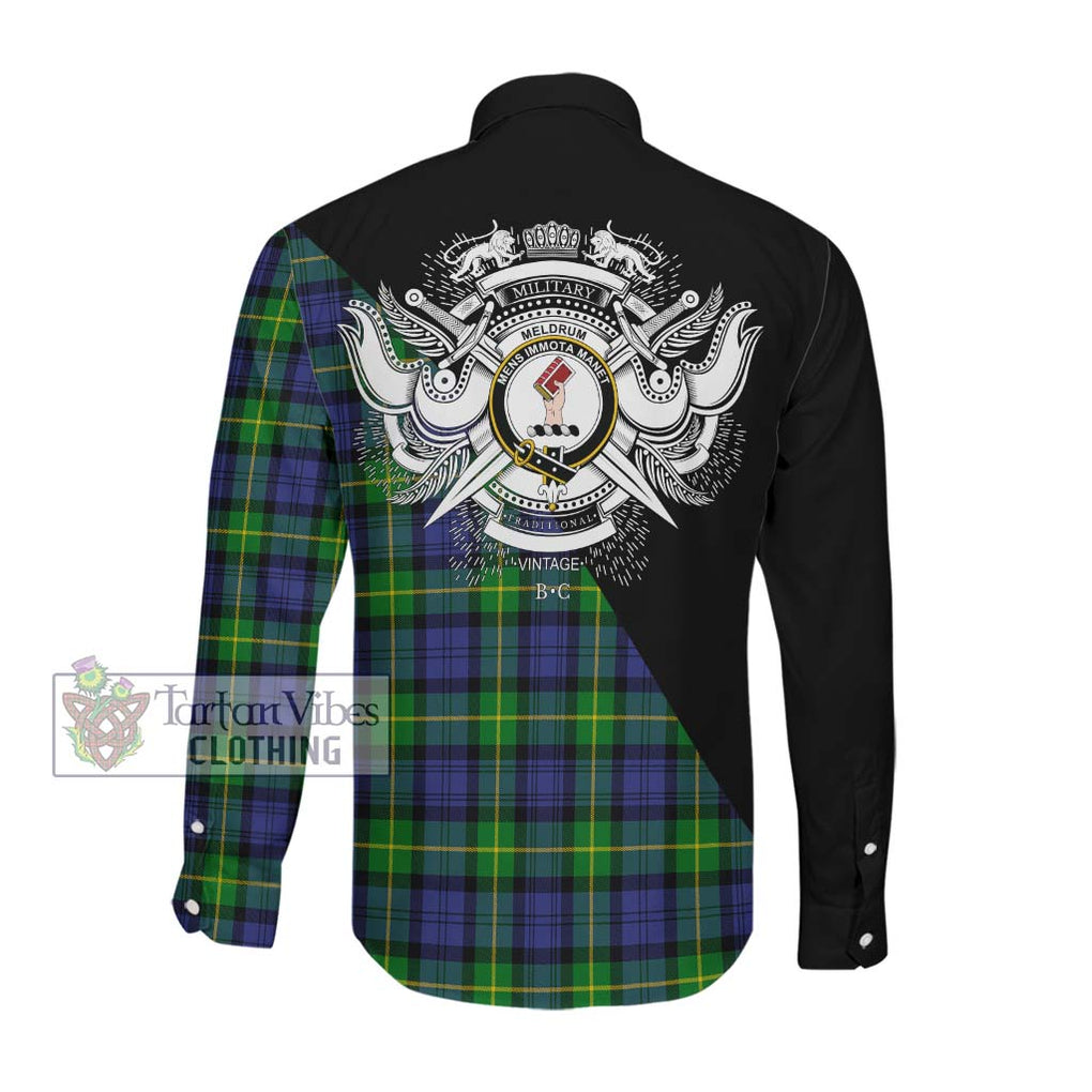 Meldrum Tartan Long Sleeve Button Shirt with Family Crest and Military Logo Style Men's Shirt - Tartanvibesclothing Shop
