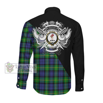 Meldrum Tartan Long Sleeve Button Shirt with Family Crest and Military Logo Style Men's Shirt - Tartanvibesclothing Shop
