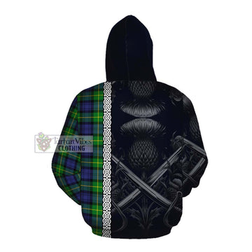 Meldrum Tartan Cotton Hoodie with Family Crest Cross Sword Thistle Celtic Vibes Pullover Hoodie - Tartan Vibes Clothing
