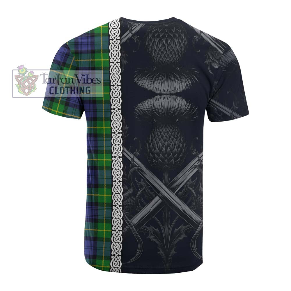Meldrum Tartan Cotton T-shirt with Family Crest Cross Sword Thistle Celtic Vibes - Tartan Vibes Clothing