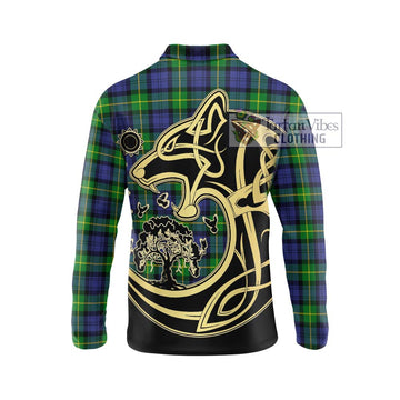 Meldrum Tartan Long Sleeve Polo Shirt with Family Crest Celtic Wolf Style - Tartan Vibes Clothing