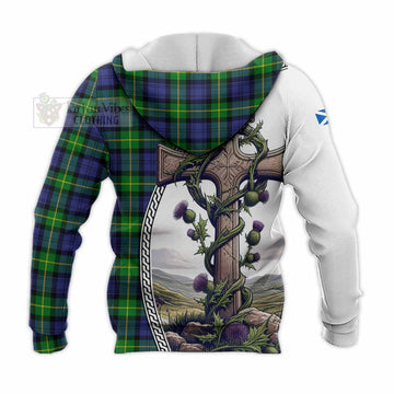 Meldrum Tartan Knitted Hoodie with Family Crest and St. Andrew's Cross Accented by Thistle Vines - Tartan Vibes Clothing