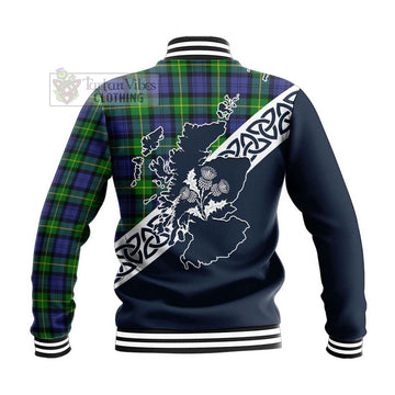 Meldrum Tartan Baseball Jacket Featuring Thistle and Scotland Map - Tartan Vibes Clothing