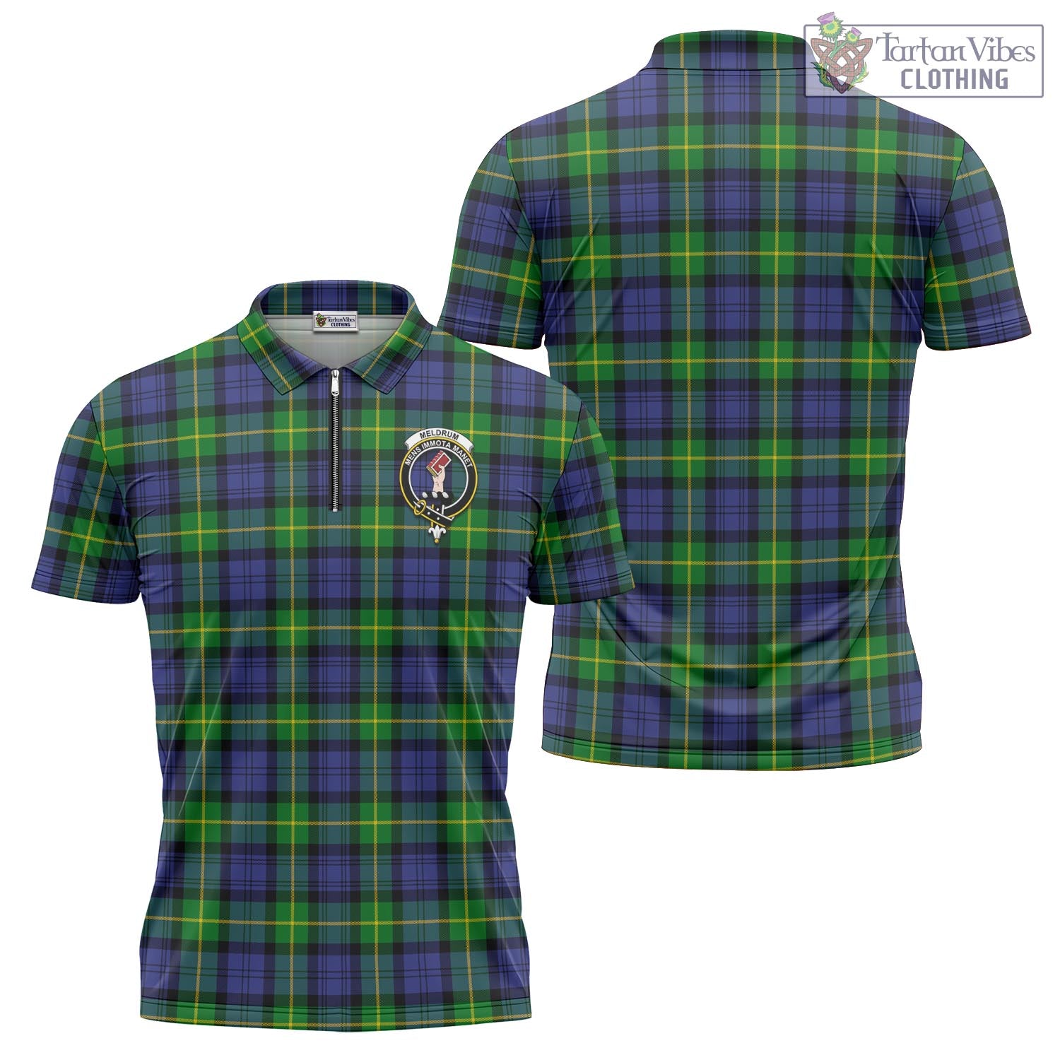 Meldrum Tartan Zipper Polo Shirt with Family Crest - Tartan Vibes Clothing