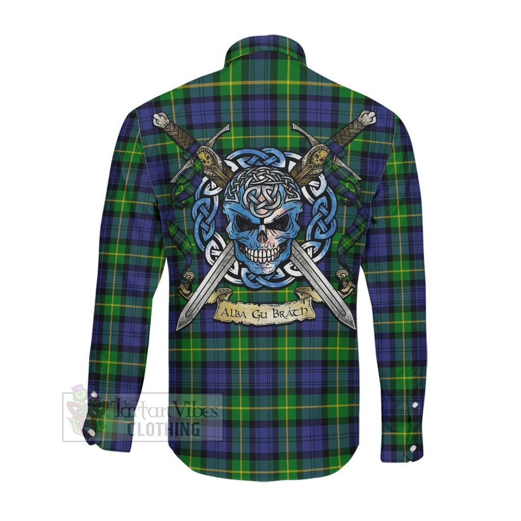 Meldrum Tartan Long Sleeve Button Shirt with Family Crest Celtic Skull Style Men's Shirt - Tartan Vibes Clothing