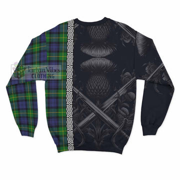 Meldrum Tartan Sweatshirt with Family Crest Cross Sword Thistle Celtic Vibes - Tartan Vibes Clothing