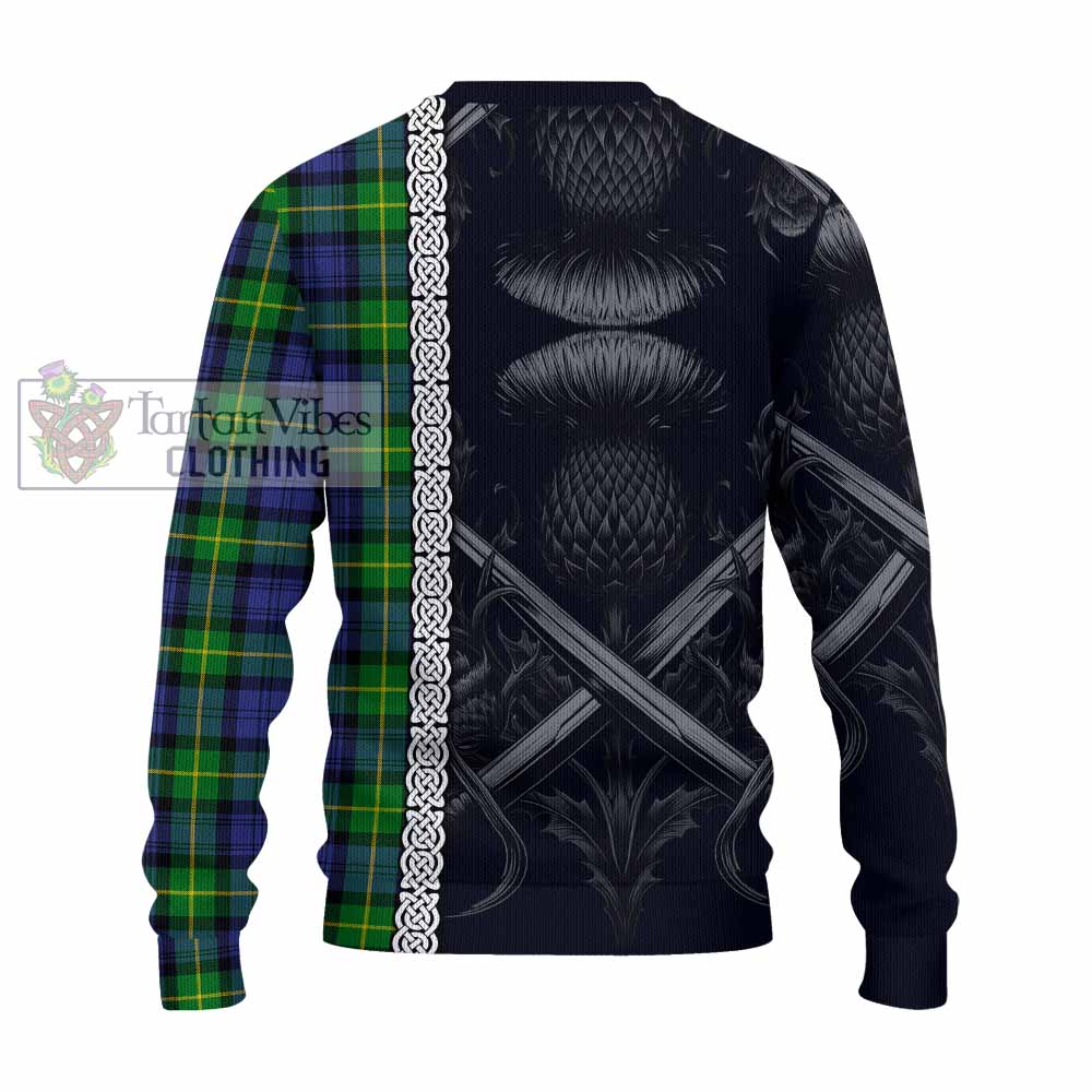 Meldrum Tartan Knitted Sweater with Family Crest Cross Sword Thistle Celtic Vibes - Tartan Vibes Clothing