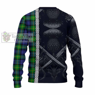 Meldrum Tartan Knitted Sweater with Family Crest Cross Sword Thistle Celtic Vibes - Tartan Vibes Clothing