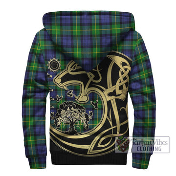 Meldrum Tartan Sherpa Hoodie with Family Crest Celtic Wolf Style - Tartan Vibes Clothing