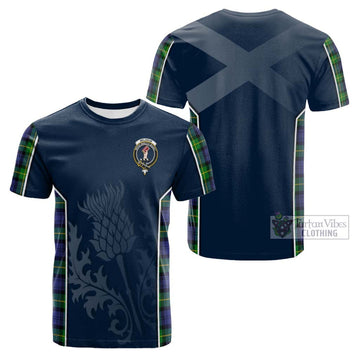 Tartan Vibes Clothing Meldrum Tartan Cotton T-shirt with Family Crest and Scottish Thistle Vibes Sport Style