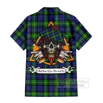 Meldrum Tartan Hawaiian Shirt with Family Crest and Bearded Skull Holding Bottles of Whiskey - Tartan Vibes Clothing