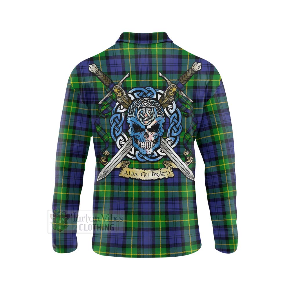 Meldrum Tartan Long Sleeve Polo Shirt with Family Crest Celtic Skull Style - Tartan Vibes Clothing