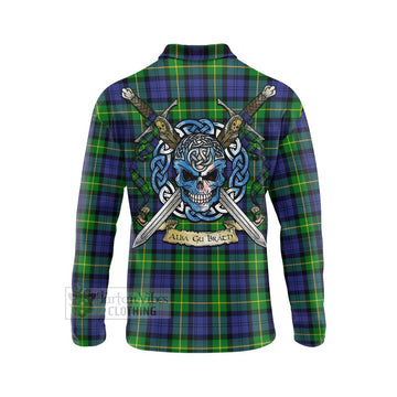 Meldrum Tartan Long Sleeve Polo Shirt with Family Crest Celtic Skull Style - Tartan Vibes Clothing