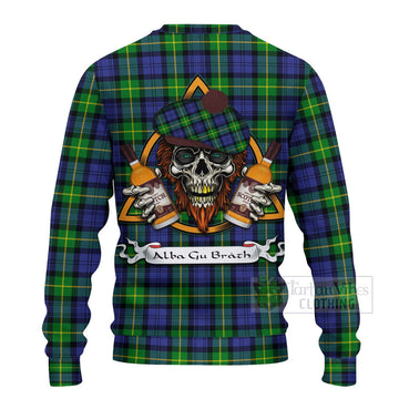 Meldrum Tartan Ugly Sweater with Family Crest and Bearded Skull Holding Bottles of Whiskey - Tartan Vibes Clothing
