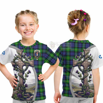 Meldrum Tartan Kid T-Shirt with Family Crest and St. Andrew's Cross Accented by Thistle Vines - Tartan Vibes Clothing