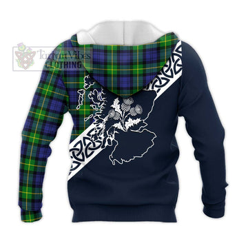 Meldrum Tartan Knitted Hoodie Featuring Thistle and Scotland Map - Tartan Vibes Clothing
