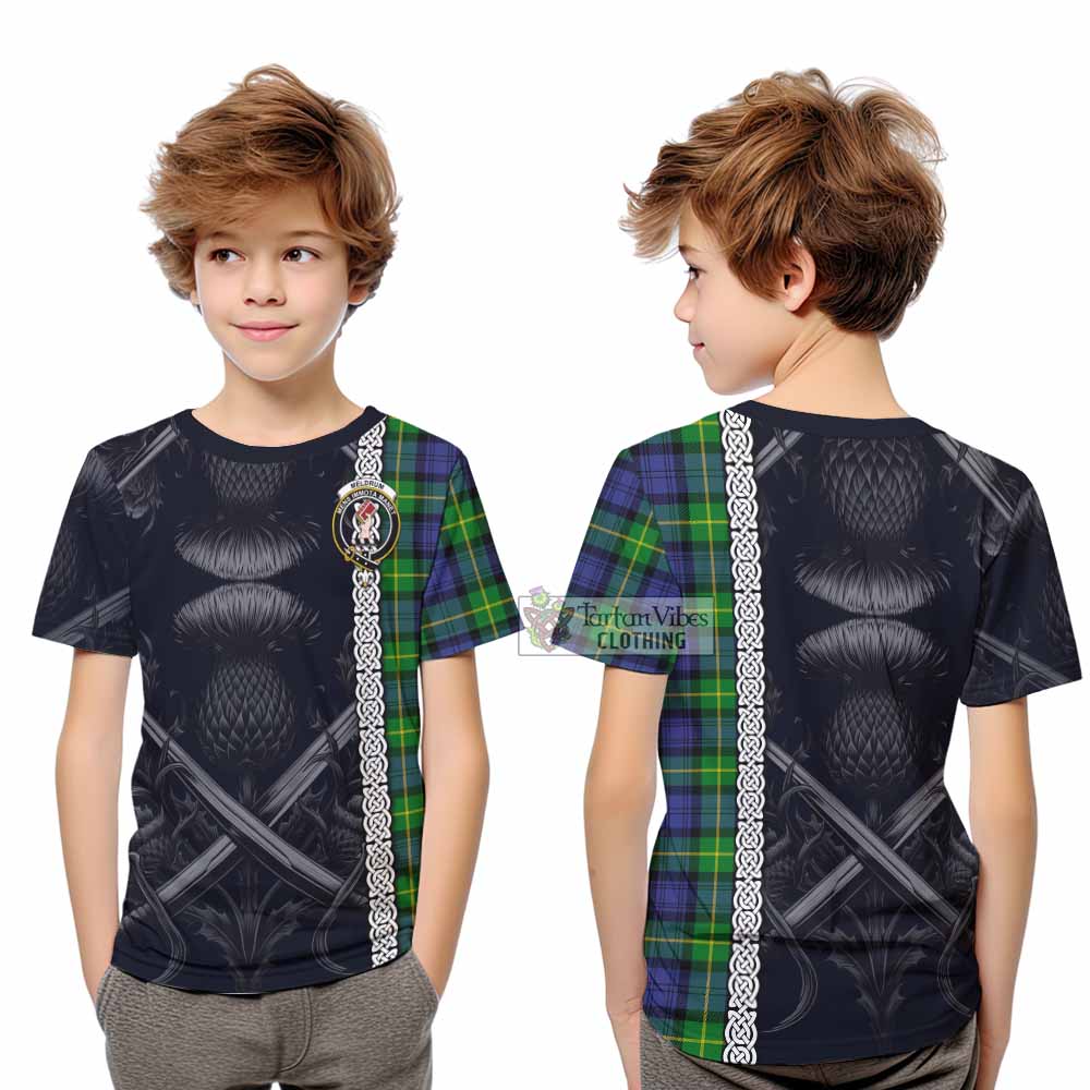 Meldrum Tartan Kid T-Shirt with Family Crest Cross Sword Thistle Celtic Vibes - Tartan Vibes Clothing