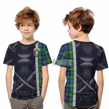 Meldrum Tartan Kid T-Shirt with Family Crest Cross Sword Thistle Celtic Vibes - Tartan Vibes Clothing