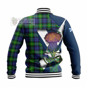 Tartan Vibes Clothing Meldrum Tartan Family Crest Baseball Jacket Scottish Thistle Celtic Inspired