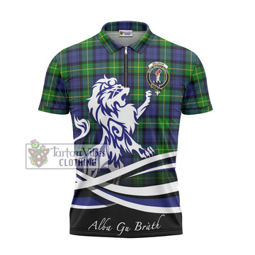 Meldrum Tartan Zipper Polo Shirt with Alba Gu Brath Regal Lion Emblem - Tartan Vibes Clothing