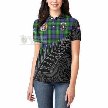 Meldrum Crest Tartan Women's Polo Shirt with New Zealand Silver Fern Half Style - Tartan Vibes Clothing