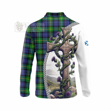Meldrum Tartan Long Sleeve Polo Shirt with Family Crest and St. Andrew's Cross Accented by Thistle Vines - Tartan Vibes Clothing