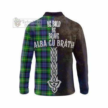 Meldrum Tartan Family Crest Long Sleeve Polo Shirt Alba Gu Brath Be Brave Lion Ancient Style - Tartan Vibes Clothing