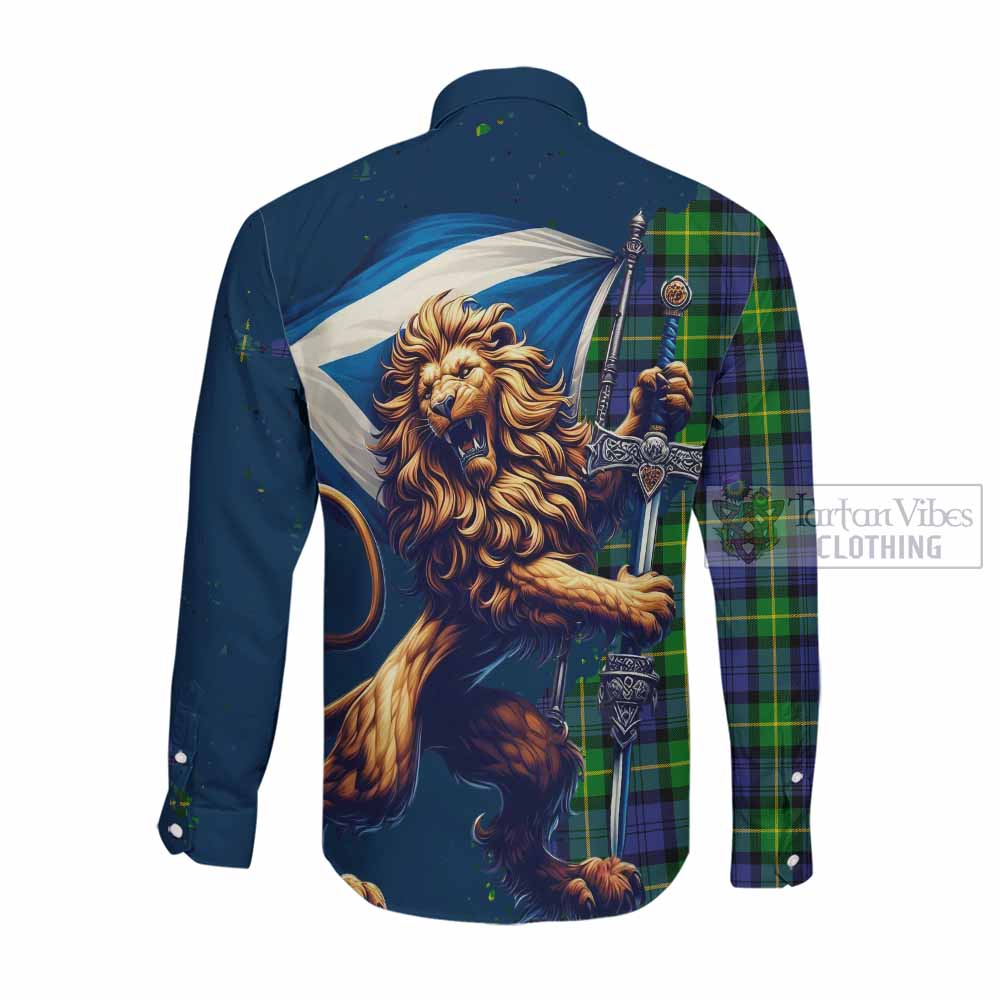 Meldrum Tartan Family Crest Long Sleeve Button Shirt with Scottish Majestic Lion Men's Shirt - Tartan Vibes Clothing