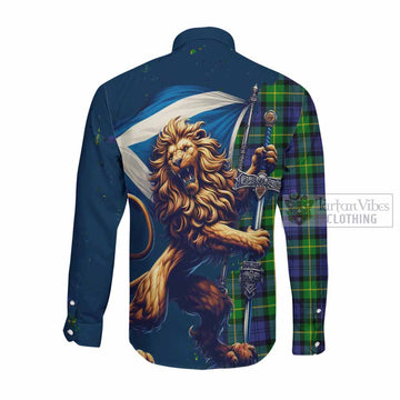 Meldrum Tartan Family Crest Long Sleeve Button Shirt with Scottish Majestic Lion Men's Shirt - Tartan Vibes Clothing