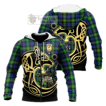 Meldrum Tartan Knitted Hoodie with Family Crest Celtic Wolf Style Unisex Knitted Zip Hoodie - Tartan Vibes Clothing
