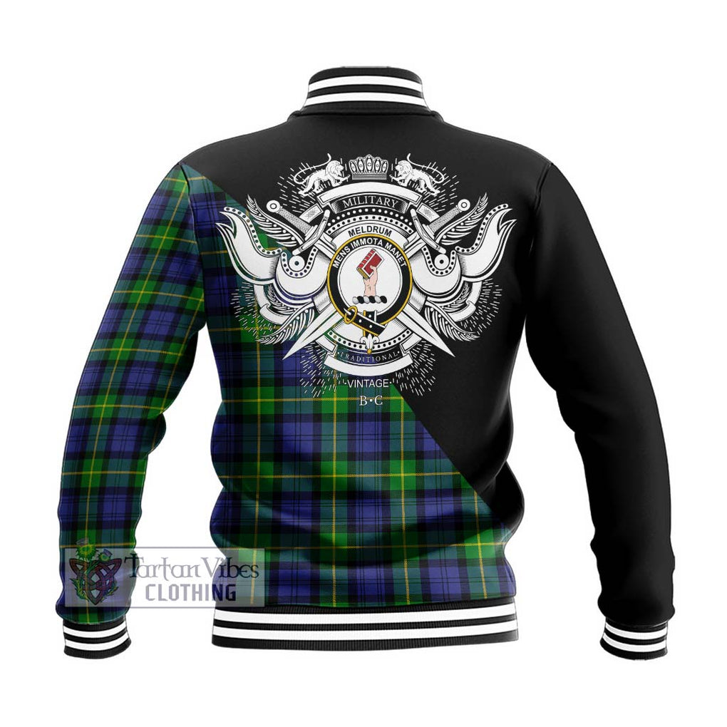 Meldrum Tartan Baseball Jacket with Family Crest and Military Logo Style - Tartan Vibes Clothing