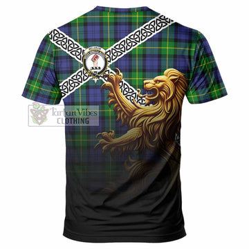 Meldrum Crest Tartan T-Shirt with Golden Lion Emblem Celtic Style - Tartan Vibes Clothing