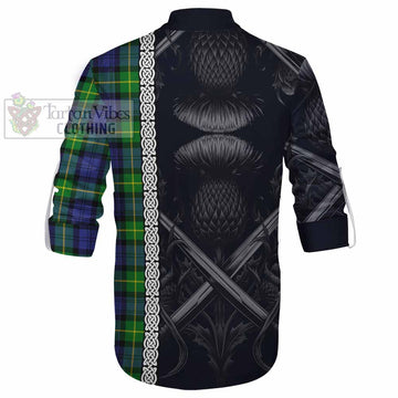 Meldrum Tartan Ghillie Kilt Shirt with Family Crest Cross Sword Thistle Celtic Vibes - Tartan Vibes Clothing