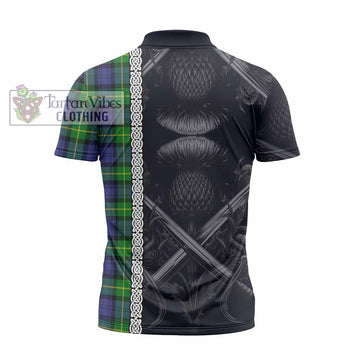 Meldrum Tartan Zipper Polo Shirt with Family Crest Cross Sword Thistle Celtic Vibes - Tartan Vibes Clothing