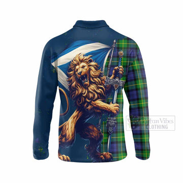 Meldrum Tartan Family Crest Long Sleeve Polo Shirt with Scottish Majestic Lion - Tartan Vibes Clothing