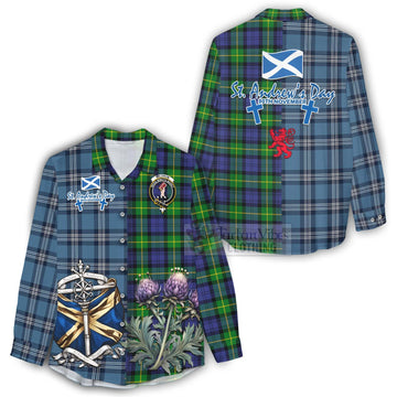 Meldrum Tartan Women's Casual Shirt Happy St. Andrew's Day Half Tartan Style - Tartan Vibes Clothing